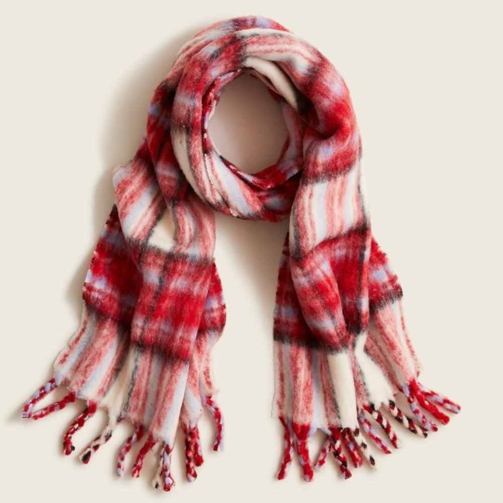 J Crew Cozy Holiday Plaid Scarf with Fringe Detail